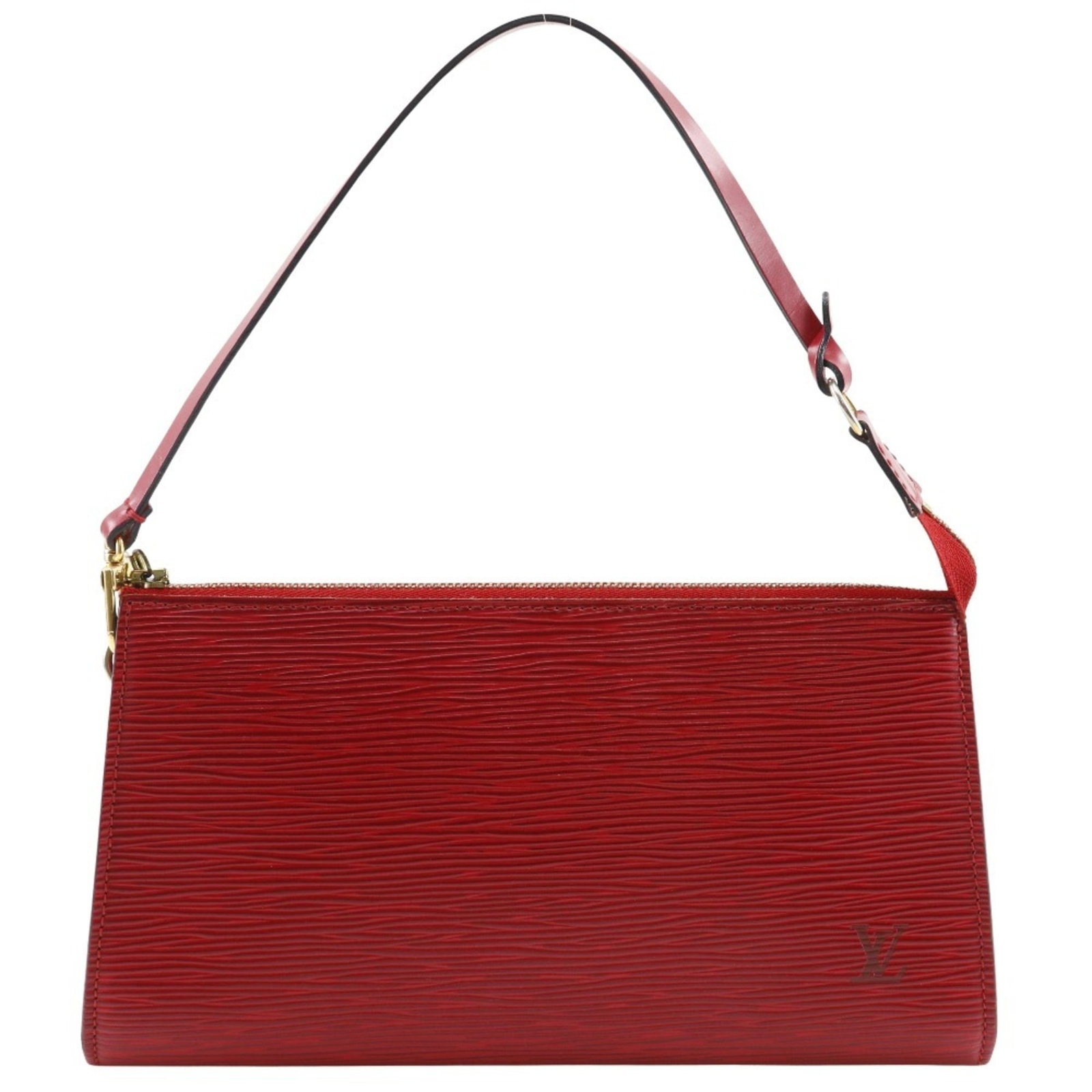 Epi Leather Pochette Pouch by Louis Vuitton: Epi Leather Pochette Pouch by Louis Vuitton Castilian red Epi leather wraps around the edges of this sleek pochette pouch, adding a pop of vibrant color to its classic design. Measuring just 13cm x