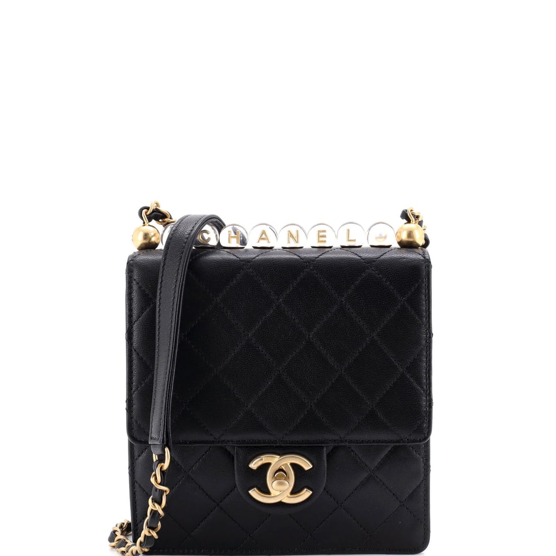 Chanel Chic Pearls Flap Bag Quilted Goatskin with Acrylic Beads Mini: Chanel Chic Pearls Flap Bag Quilted Goatskin with Acrylic Beads Mini Black leather exterior, quilted goatskin with acrylic beads accents, and gold hardware define the Chic Pearls Flap Bag. Measuring 7