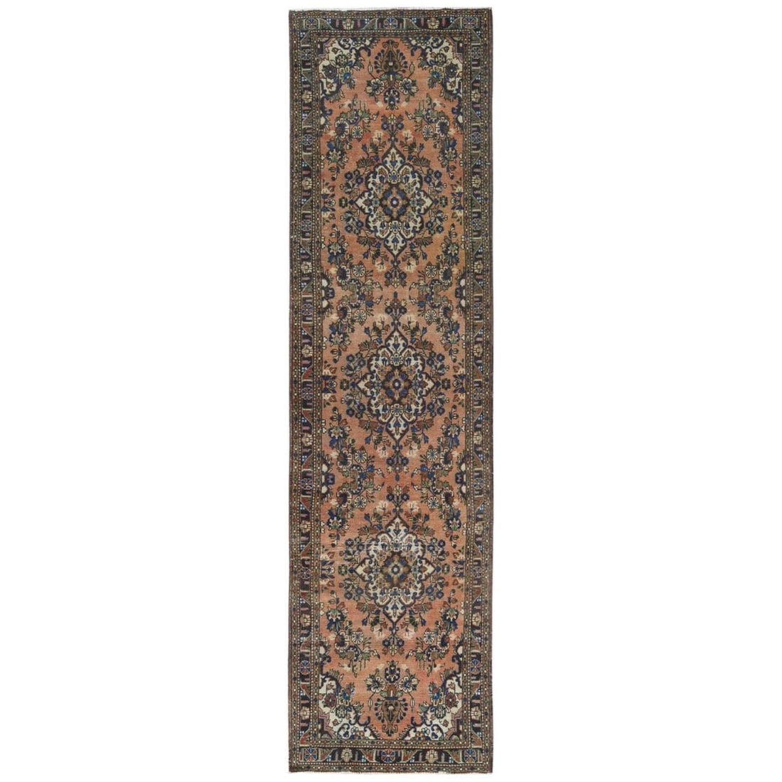 3'5"x13'7" Orange Vintage Farsian Worn Wool Hand Knotted Wide Runner Rug: 3'5"x13'7" Orange Vintage Farsian Worn Wool Hand Knotted Wide Runner Rug This stunning vintage Farsian hand-knotted wool runner rug boasts an eye-catching orange hue, characteristic of the traditional