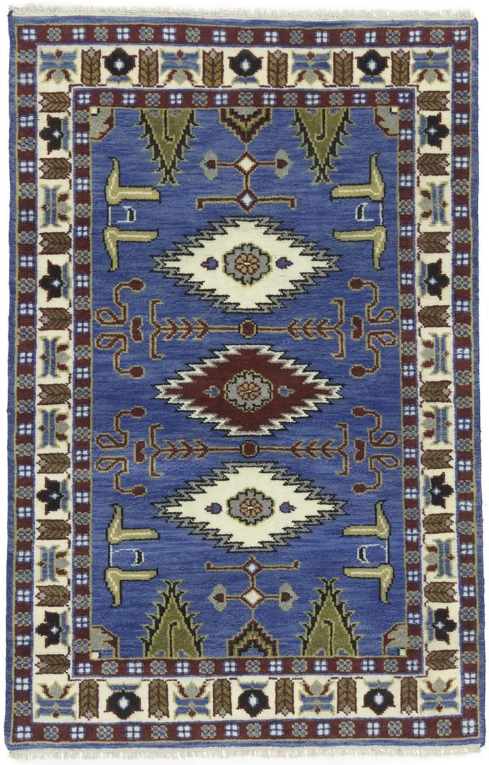 Hand-Knotted Kazak Oriental Rug 4X6 Ft Blue Geometric Tribal Style Office Carpet Hand-Knotted: Hand-Knotted Kazak Oriental Rug 4X6 Ft Blue Geometric Tribal Style Office Carpet Hand-Knotted Hand-knotted in wool, this 4x6 ft blue geometric tribal style office carpet boasts a vibrant and modern de