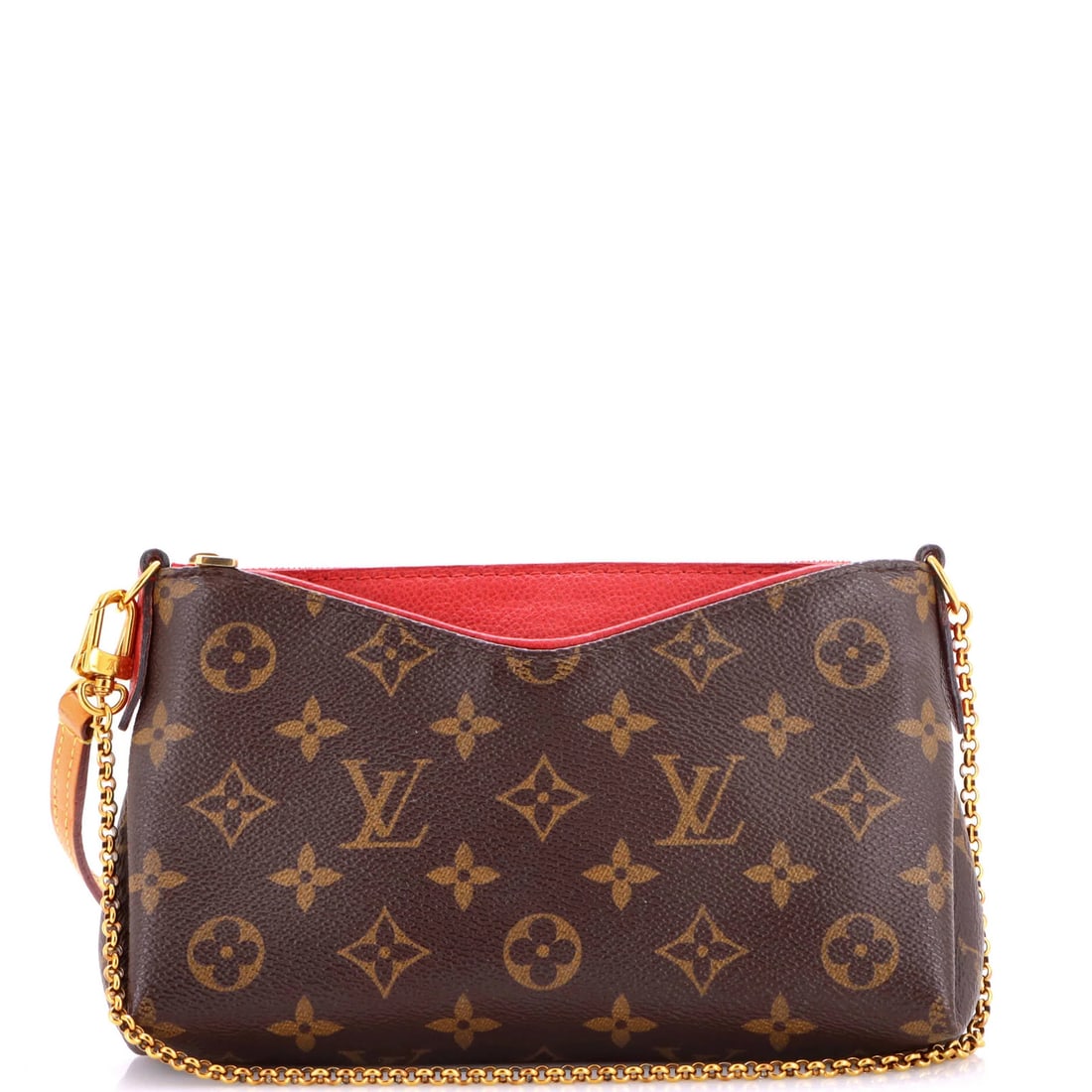Monogram Canvas with Leather Louis Vuitton Pallas Clutch: Monogram Canvas with Leather Louis Vuitton Pallas Clutch Monogram Canvas with Leather Louis Vuitton Pallas Clutch features a classic design with a brown, red monogram canvas exterior and leather trim.