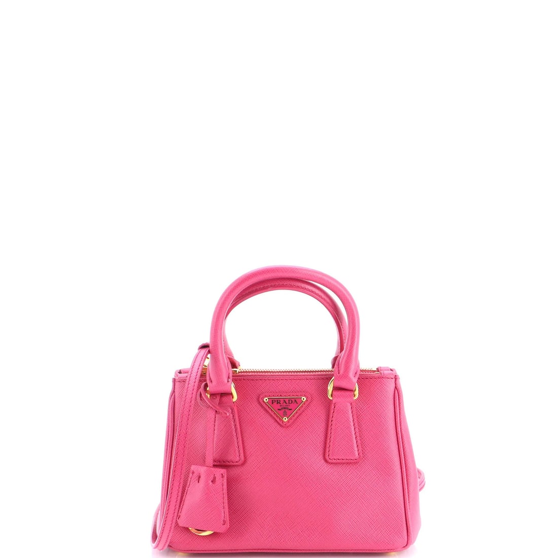 Zip Double Tote Leather Mini Saffiano Galleria: Zip Double Tote Leather Mini Saffiano Galleria The Prada Zip Double Tote Leather Mini Saffiano Galleria features a stylish pink exterior with scuffs, edge wear, and minor creases. This mini cross-body