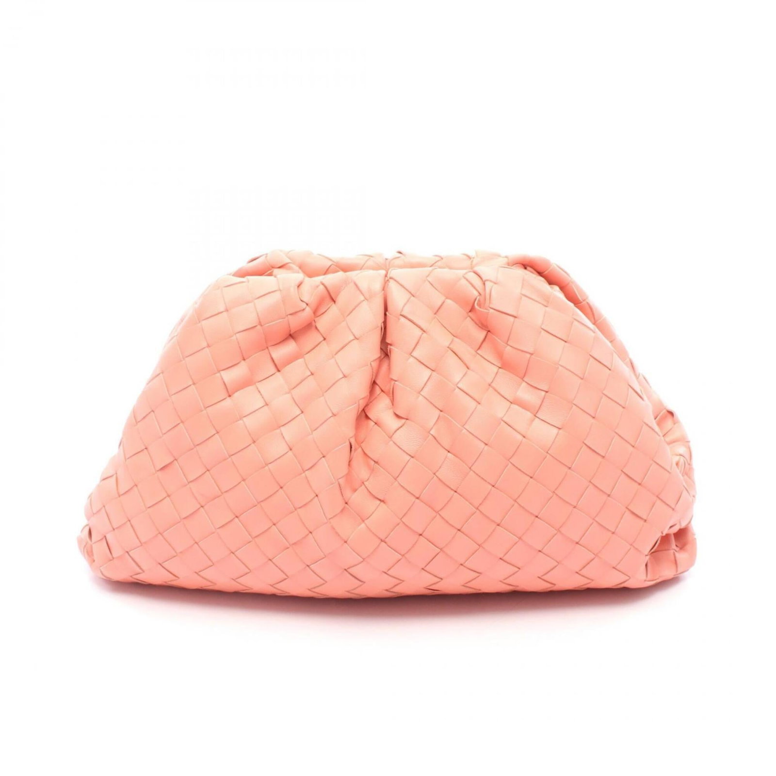 Intrecciato pouch bag clutch by Bottega: Intrecciato pouch bag clutch by Bottega Intrecciato woven in pink, the Bottega Veneta pouch bag clutch boasts a unique and stylish design. Measuring 21cm x 38cm x 12cm, this compact clutch features th