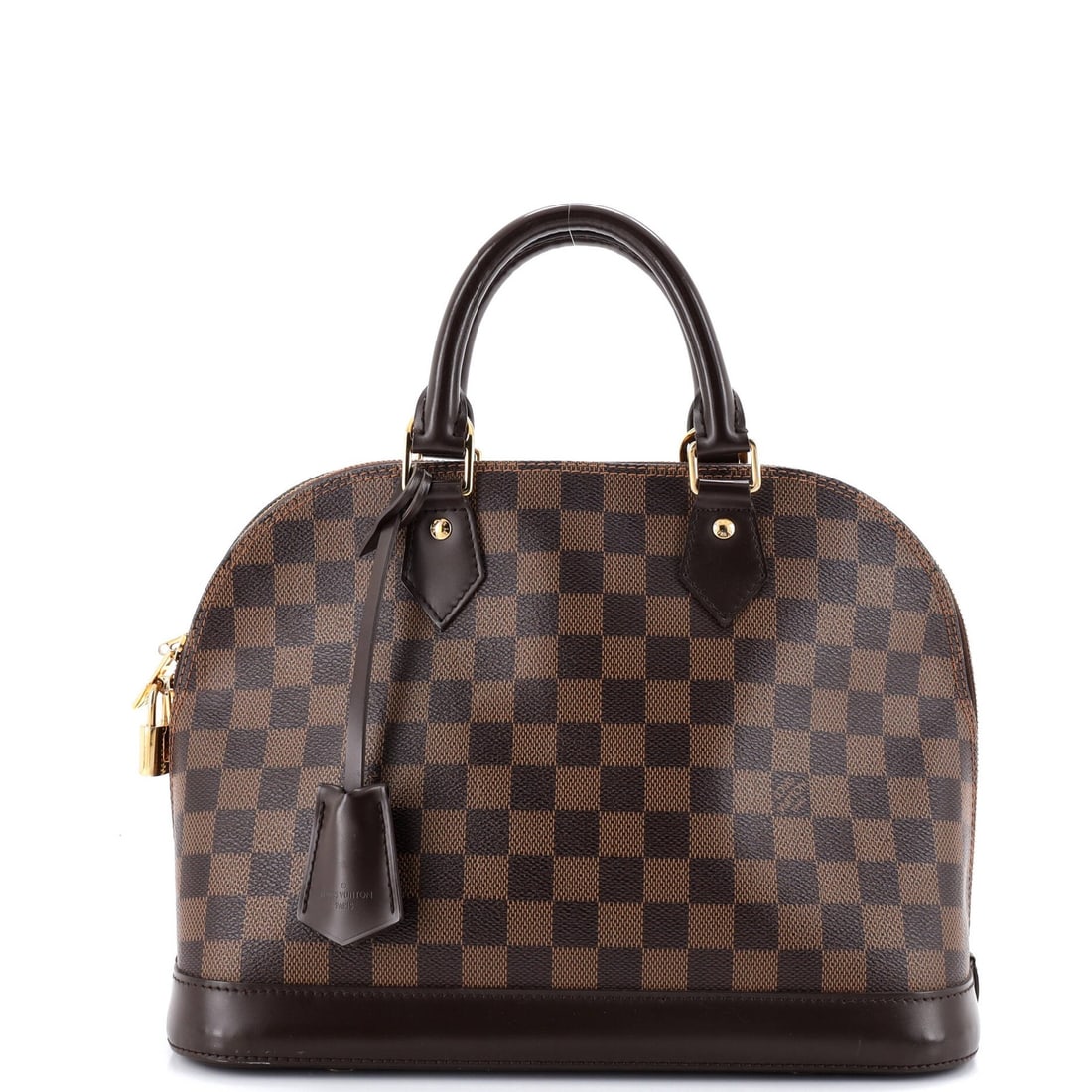 Handbag Alma Damier Louis Vuitton: Handbag Alma Damier Louis Vuitton Brown Louis Vuitton Alma Damier PM Handbag with Canvas Coated Leather Exterior and Red Fabric Interior. This classic handbag features a top handle, scuffed leather st