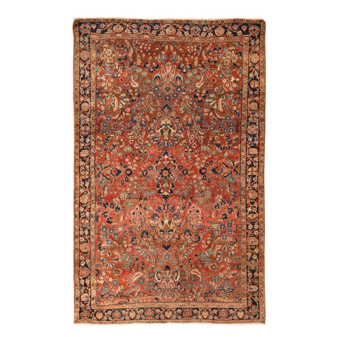 4'2"x6'9" Rust Red Saroogh All Over Design Hand Knotted Pure Wool Rug: 4'2"x6'9" Rust Red Saroogh All Over Design Hand Knotted Pure Wool Rug Rust red hues dominate this stunning, hand-knotted pure wool rug from Turkey, measuring 4'2" x 6'9". The all-over design showcases