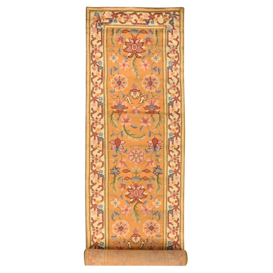 4'4"x17'4" Yellow Arts & Crafts European Design Wool Hand Knotted XL Runner: 4'4"x17'4" Yellow Arts & Crafts European Design Wool Hand Knotted XL Runner Yellow Arts & Crafts European Design Wool Hand Knotted XL Runner is a vibrant, hand-knotted wool runner with a striking flor