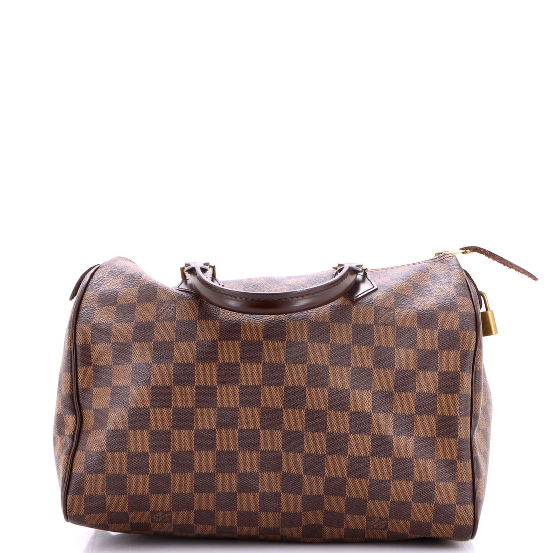 Louis Vuitton Speedy Handbag Damier 30: Louis Vuitton Speedy Handbag Damier 30 The Louis Vuitton Speedy Handbag Damier 30 boasts its iconic Damier canvas exterior in rich brown, complemented by a vibrant red interior. This timeless piece fe
