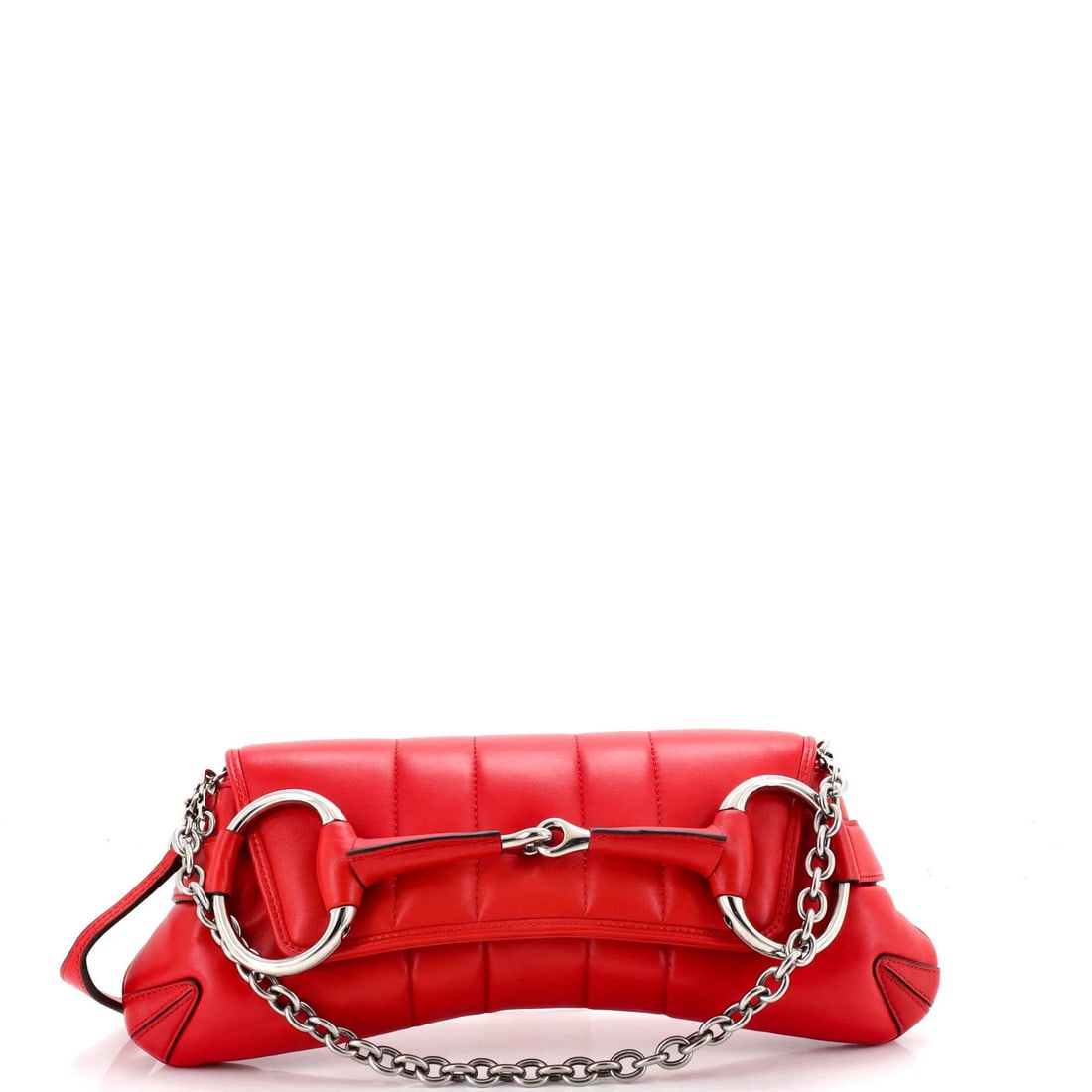 Gucci quilted leather vertical chain bag for medium shoulder.: Gucci quilted leather vertical chain bag for medium shoulder. Red Gucci quilted leather vertical chain bag with horsebit chain shoulder strap, featuring a classic design and premium materials. The bag