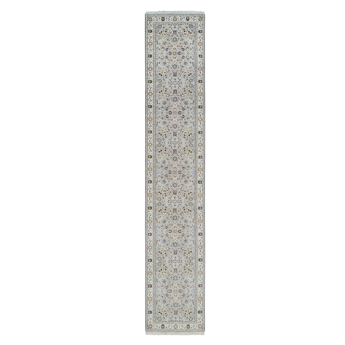 2'6"x13'9" Blue Nain Flower Design 250 KPSI Wool Hand Knotted Runner Rug: 2'6"x13'9" Blue Nain Flower Design 250 KPSI Wool Hand Knotted Runner Rug Hand-knotted in wool, this stunning 2'6"x13'9" Blue Nain Flower Design rug boasts an intricate pattern and rich blue field colo
