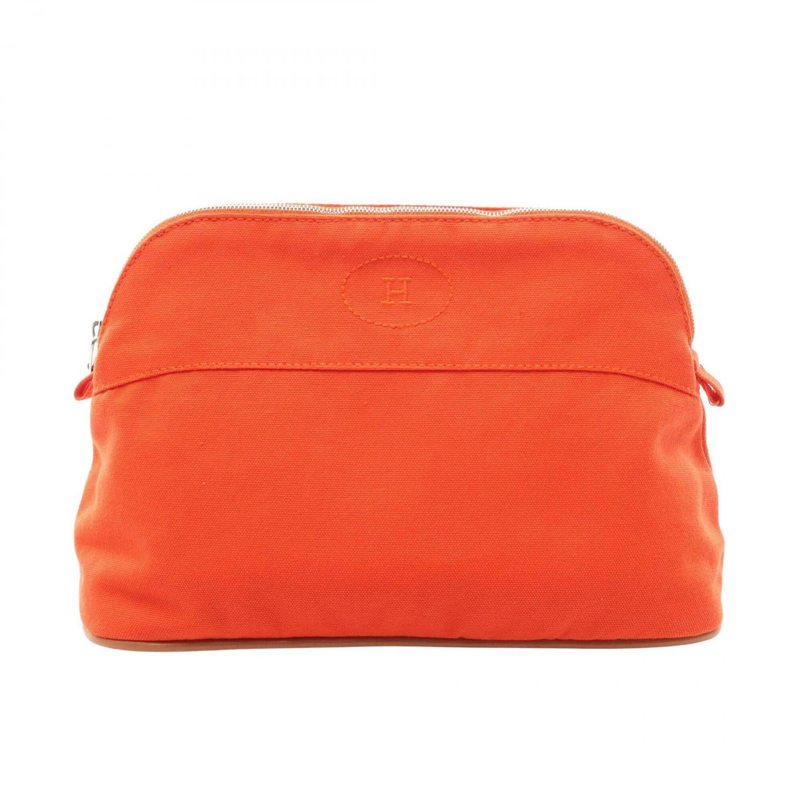 Canvas leather pouch handbag hermes: Canvas leather pouch handbag hermes Canvas leather pouch handbag from Hermes, featuring brown canvas and orange leather accents in silver hardware. The bag measures 16cm x 25.5cm with a compact design