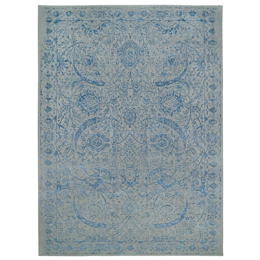 11'10"x18' Gray Fine Jacquard Hand Loomed Wool and Silk Oversized Rug: 11'10"x18' Gray Fine Jacquard Hand Loomed Wool and Silk Oversized Rug The 11'10"x18' Gray Fine Jacquard Hand Loomed Wool and Silk Oversized Rug boasts an impressive rectangular field with a subtle blu