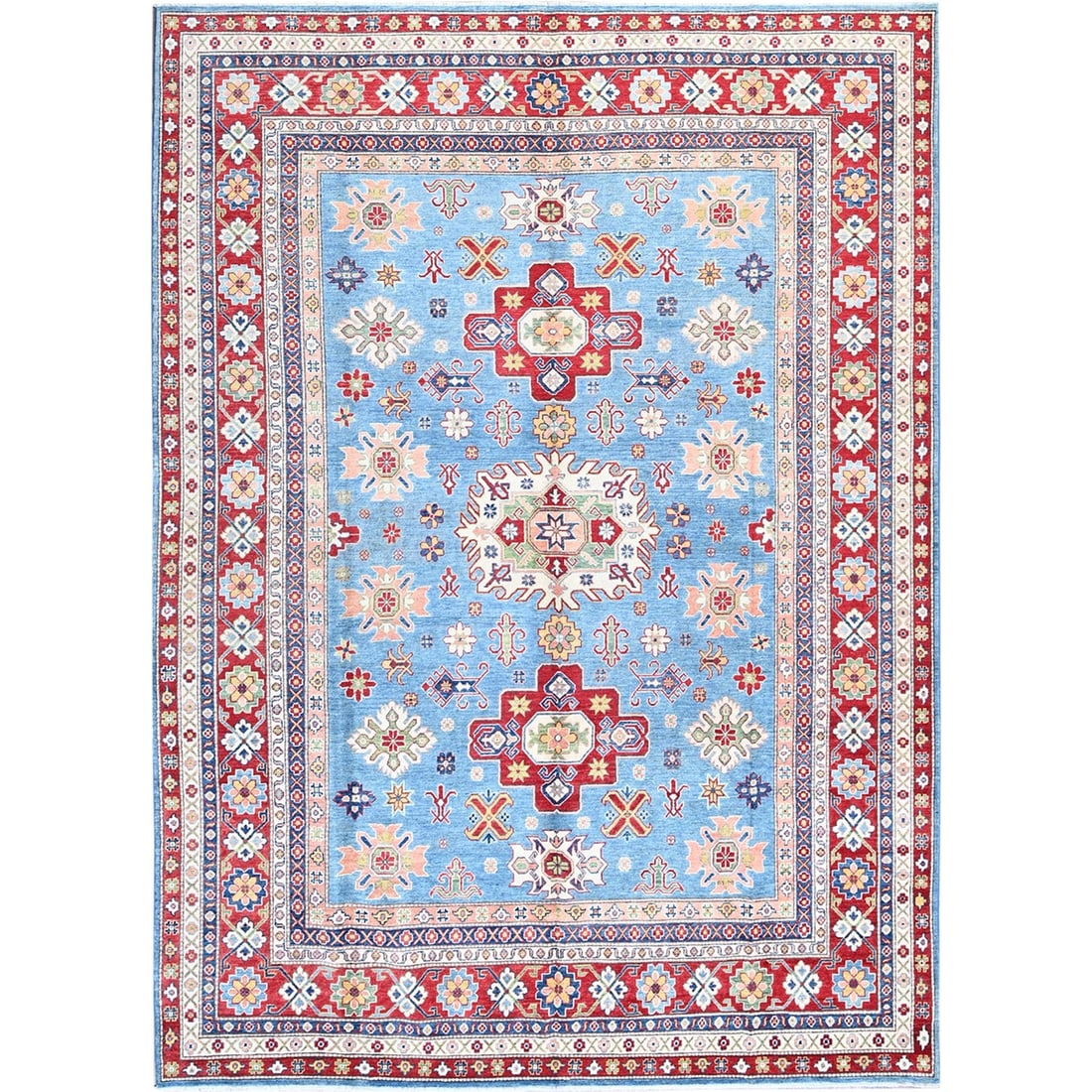 8'9"x12'1" Blue Kazak with Medallions Design Hand Knotted Soft Wool Rug: 8'9"x12'1" Blue Kazak with Medallions Design Hand Knotted Soft Wool Rug Soft and vibrant, this hand-knotted Blue Kazak rug boasts an intricate Medallions design in rich blue hues against a rectangular