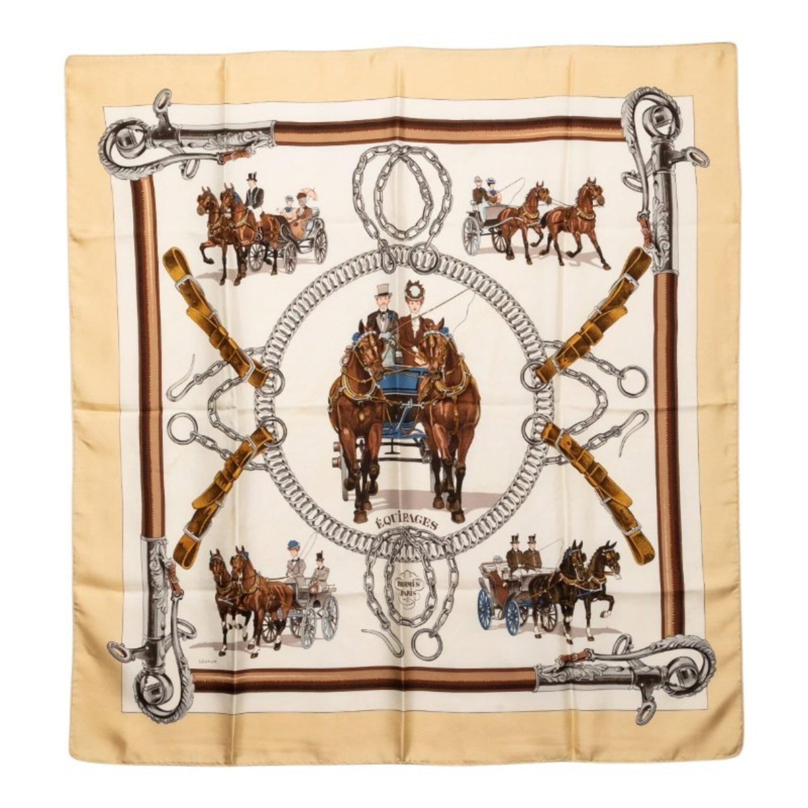 Hermes silk scarf: Hermes silk scarf Silk from the renowned French fashion house, Hermes, adorns this elegant scarf in a beautiful beige and multi-color design. Made from high-quality silk, it measures 89cm x 86cm, offe