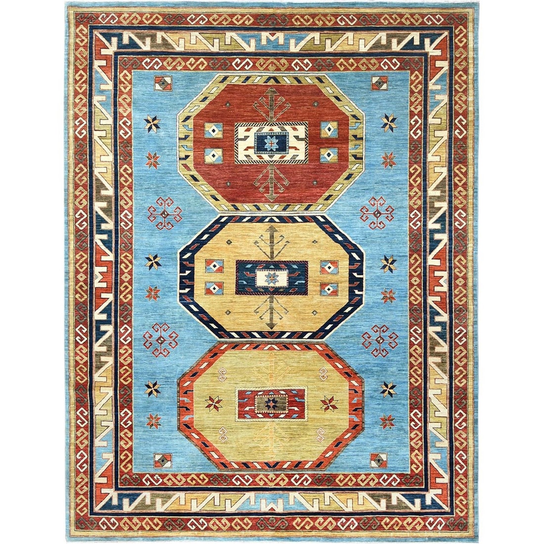 9'x11'10" Sky Blue Caucasian Design Wool Hand Knotted 200 KPSI Rug: 9'x11'10" Sky Blue Caucasian Design Wool Hand Knotted 200 KPSI Rug Sky Blue Caucasian Design Wool Hand Knotted Rug, measuring 9'0" x 11'10", boasts an impressive hand-knotted construction with a rich 