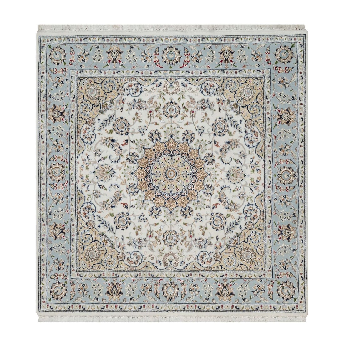 White Alabaster 250 Hand Knotted Square Rug Nain Wool Silk 5'9" 5'9: White Alabaster 250 Hand Knotted Square Rug Nain Wool Silk 5'9" 5'9 The White Alabaster Nain Wool Silk rug boasts an elegant ivory color and intricate hand-knotted design, woven from the finest wool a