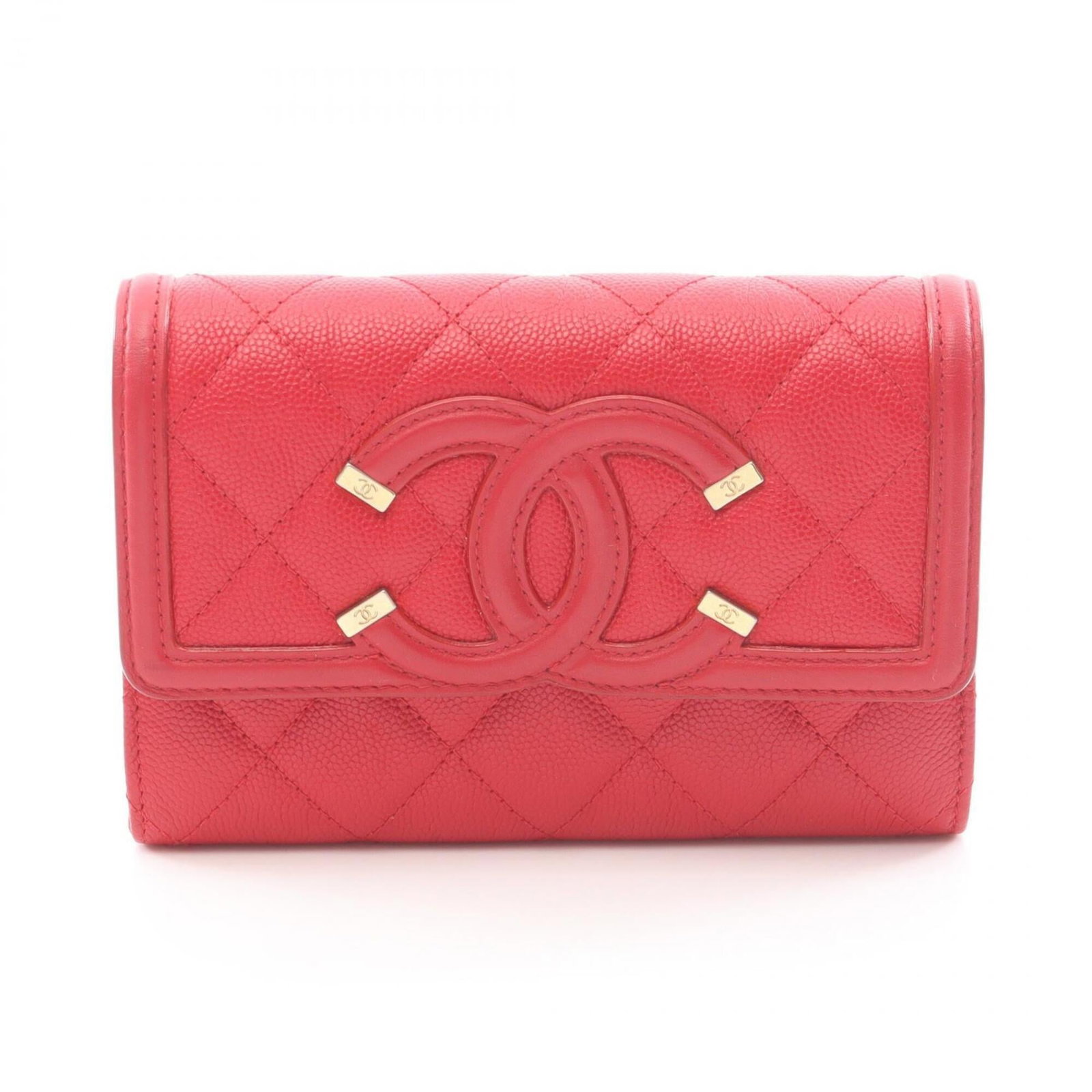 Chanel Wallet (Bi-Fold) Grained Calfskin: Chanel Wallet (Bi-Fold) Grained Calfskin Chanel's iconic bi-fold wallet features a striking red color, crafted from high-quality grained calfskin. This timeless piece boasts classic design and elegant