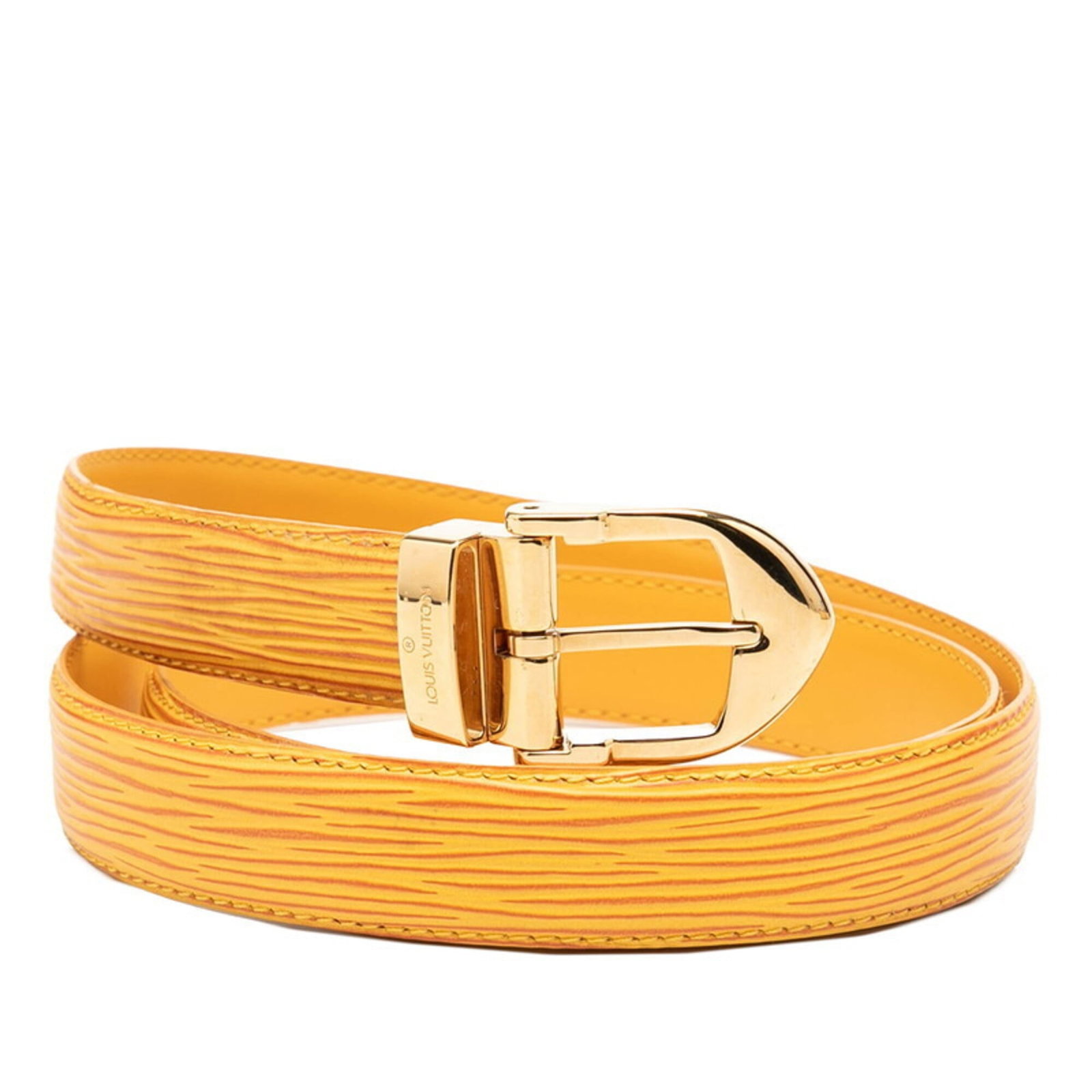 Standard Belt By Louis Vuitton: Standard Belt By Louis Vuitton Yellow leather standard belt by Louis Vuitton, measuring 90cm in length and featuring a slim 2.5cm width. This classic design showcases the iconic brand's signature styl