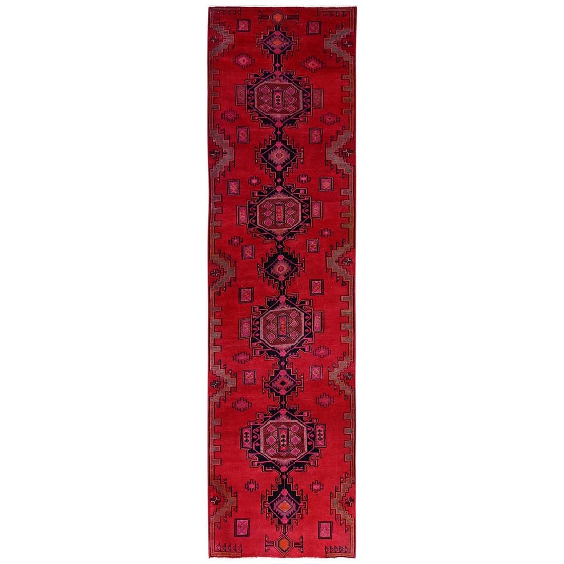 3'x12'4" Red Overdyed Vintage Northwest Zoroastrian Hand Knotted Wool Runner: 3'x12'4" Red Overdyed Vintage Northwest Zoroastrian Hand Knotted Wool Runner Red Overdyed Vintage Northwest Zoroastrian Hand Knotted Wool Runner boasts a striking red field with intricate medallion pa
