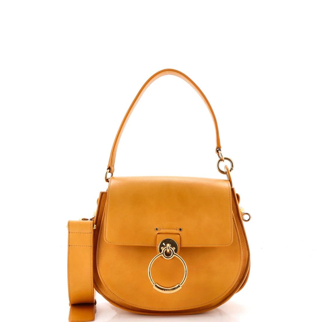 Leather bag large Chloe Tess: Leather bag large Chloe Tess Yellow Chloe Tess Large Leather Cross Body Bag with Extra Strap, featuring gold hardware and neutral interior. Measuring 8" handle drop, 8.5" height, 10" width, and 3" dep