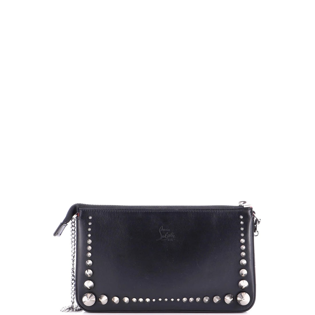 Leather Spiked Chain Loubila Clutch Christian Louboutin: Leather Spiked Chain Loubila Clutch Christian Louboutin Black Leather Spiked Chain Loubila Clutch with Red Interior and Silver Hardware. This Christian Louboutin shoulder bag features scuffed exterior