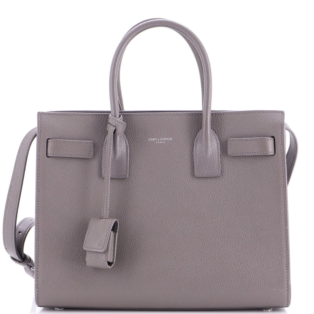 Sac de Jour Leather Baby Bag NM Saint Laurent: Sac de Jour Leather Baby Bag NM Saint Laurent Gray leather Sac de Jour tote bag from Saint Laurent, featuring a classic design with a gray exterior and matching interior. The bag includes pochette key