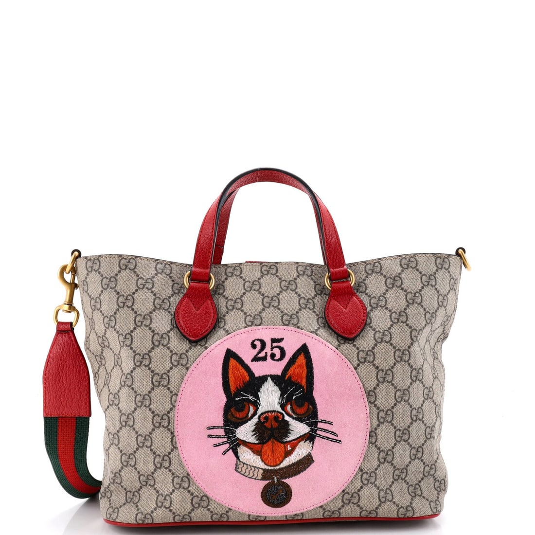 Soft Tote Convertible Coated Canvas GG Gucci with Applique Small: Soft Tote Convertible Coated Canvas GG Gucci with Applique Small Soft and stylish, this convertible tote from Gucci features a coated canvas exterior with appliqu? details in bold red. The spacious in