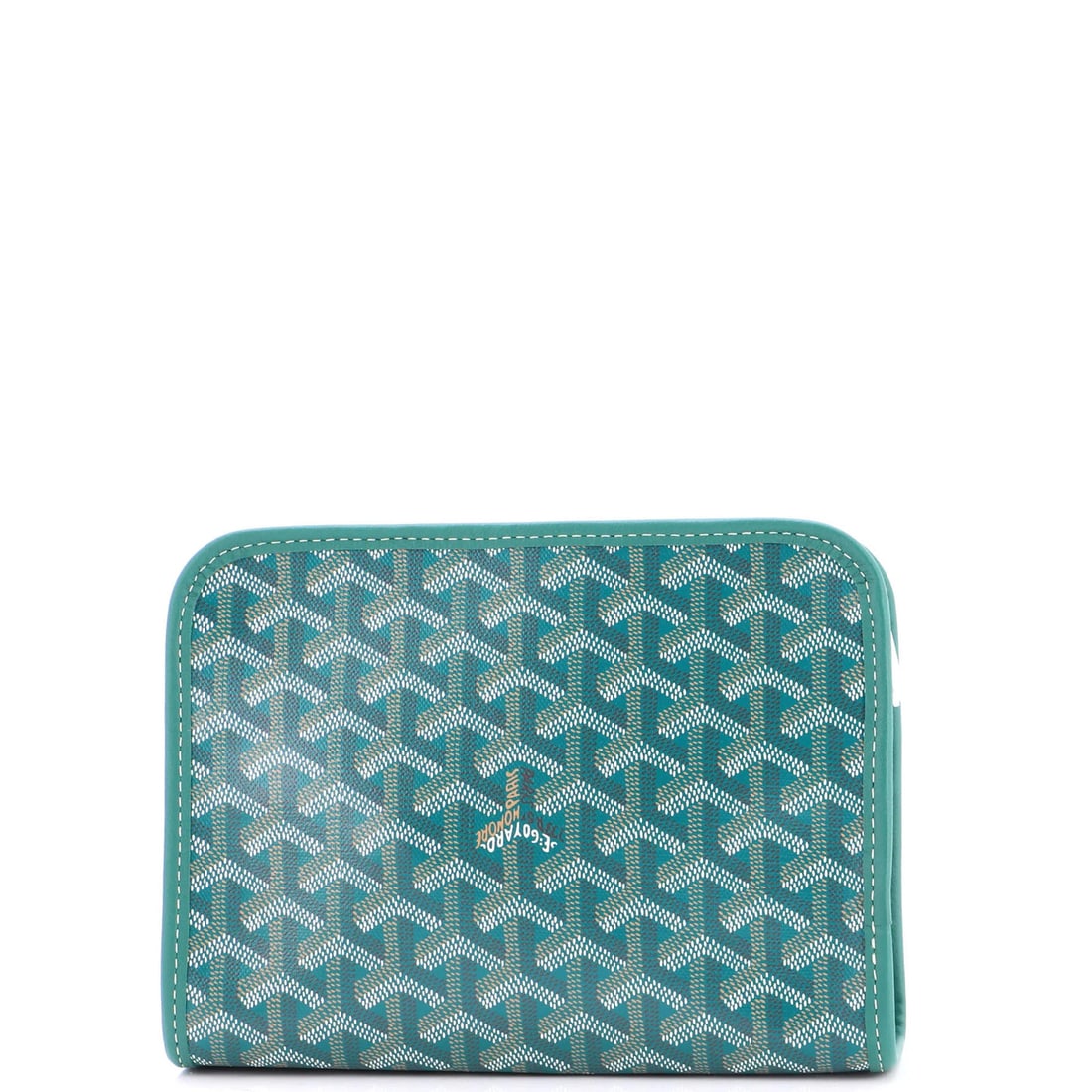 Goyard Jouvence Toiletry Pouch Coated Canvas PM: Goyard Jouvence Toiletry Pouch Coated Canvas PM Goyard's iconic Jouvence Toiletry Pouch Coated Canvas PM boasts a vibrant green exterior, complemented by a bright yellow interior. Measuring 6" x 8" x 