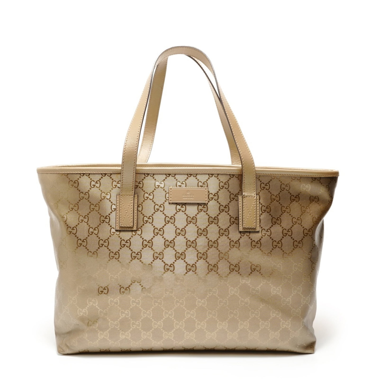 PVC Gucci Tote Bag: PVC Gucci Tote Bag PVC Gucci Tote Bag features the iconic GG Imprim design in gold, showcasing a unique material blend. The bag measures 27cm x 46cm x 11cm and comes with a 45cm strap length, making i