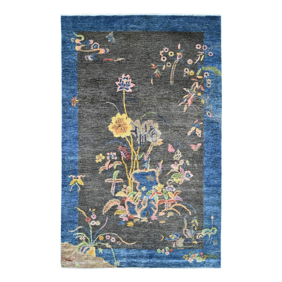 5'10"x9'2" Charcoal Gray Chinese Art Deco Inspired Hand Knotted Wool Rug: 5'10"x9'2" Charcoal Gray Chinese Art Deco Inspired Hand Knotted Wool Rug The Peshawar type Chinese Art Deco inspired hand knotted wool rug boasts a striking charcoal gray color and intricate floral pa
