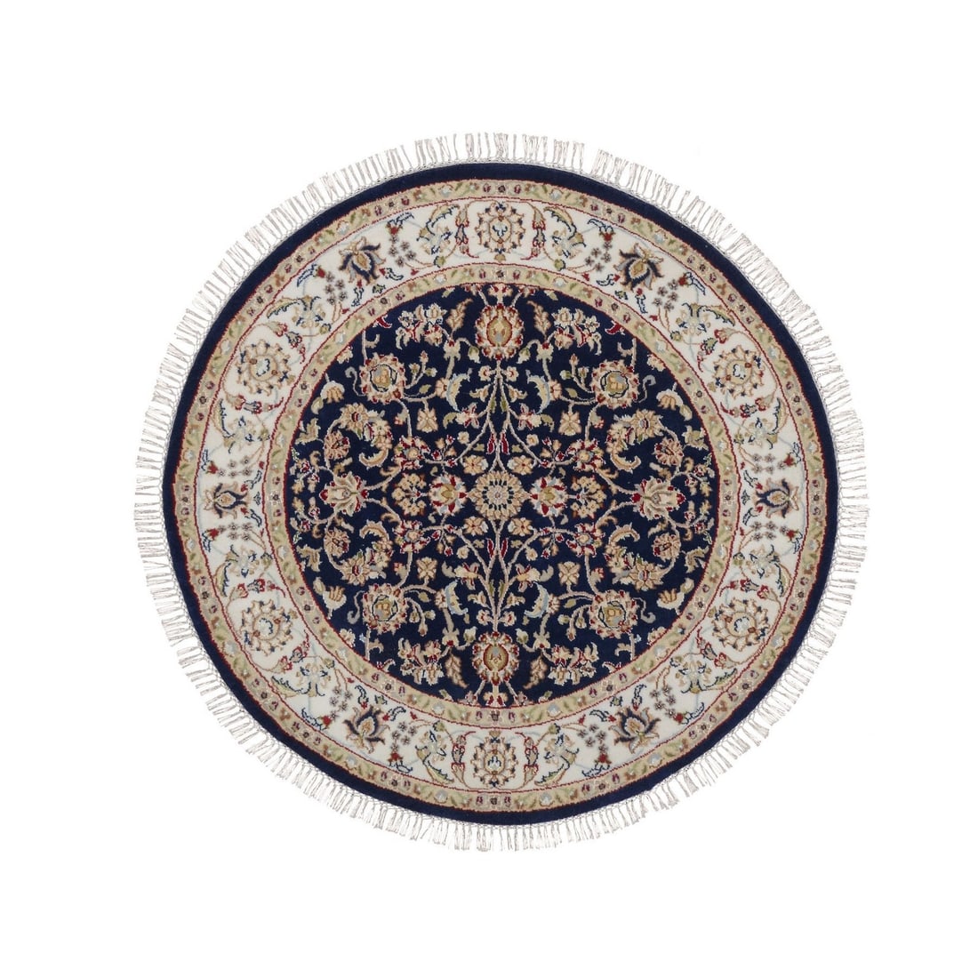 4'x4' Midnight Blue Wool and Silk Nain Hand Knotted Soft Pile Round Rug: 4'x4' Midnight Blue Wool and Silk Nain Hand Knotted Soft Pile Round Rug Midnight blue wool and silk Nain hand-knotted soft pile round rug, measuring 47" x 47" in a stunning all-over regional design. T