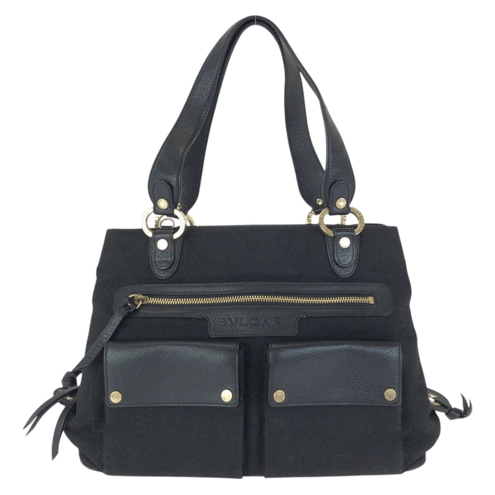 Canvas leather handbag tote bag: Canvas leather handbag tote bag Canvas leather handbag tote bag, crafted from high-quality canvas and adorned with luxurious leather accents, features a sleek black design. Bvlgari's signature style s