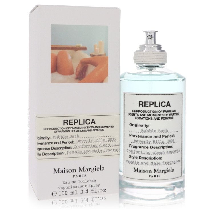 Replica Bubble Bath by Maison Margiela Eau De Toilette Spray (Unisex) 3.4 oz: Replica Bubble Bath by Maison Margiela Eau De Toilette Spray (Unisex) 3.4 oz Soft and comforting, Replica Bubble Bath by Maison Margiela captures a memory in scent with its opening notes of bergamot, 