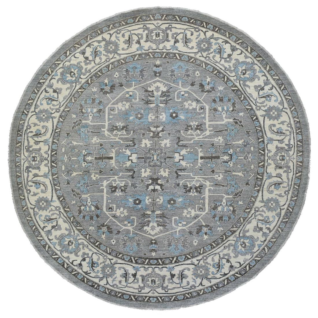 Pure Wool Round Rug Hand Knotted Peshawar Heriz Gray 11'8" 11'8: Pure Wool Round Rug Hand Knotted Peshawar Heriz Gray 11'8" 11'8 Pure Wool Round Rug Hand Knotted Peshawar Heriz Gray 11'8" 11'8 boasts an authentic Afghan design, featuring a classic Oriental regional
