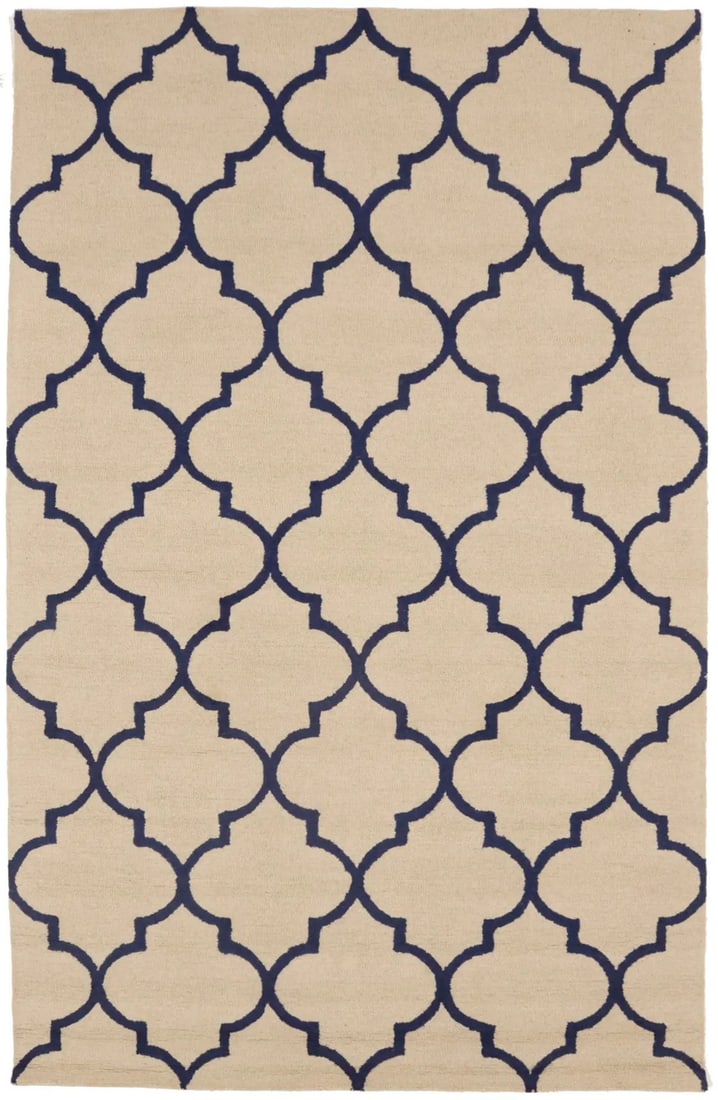 Hand-Tufted Cream Modern Rug Trellis 5X8 Contemporary Design Wool Carpet Hand-Knotted: Hand-Tufted Cream Modern Rug Trellis 5X8 Contemporary Design Wool Carpet Hand-Knotted Hand-tufted in wool, this modern trellis rug boasts a striking cream and navy color palette. With its high pile