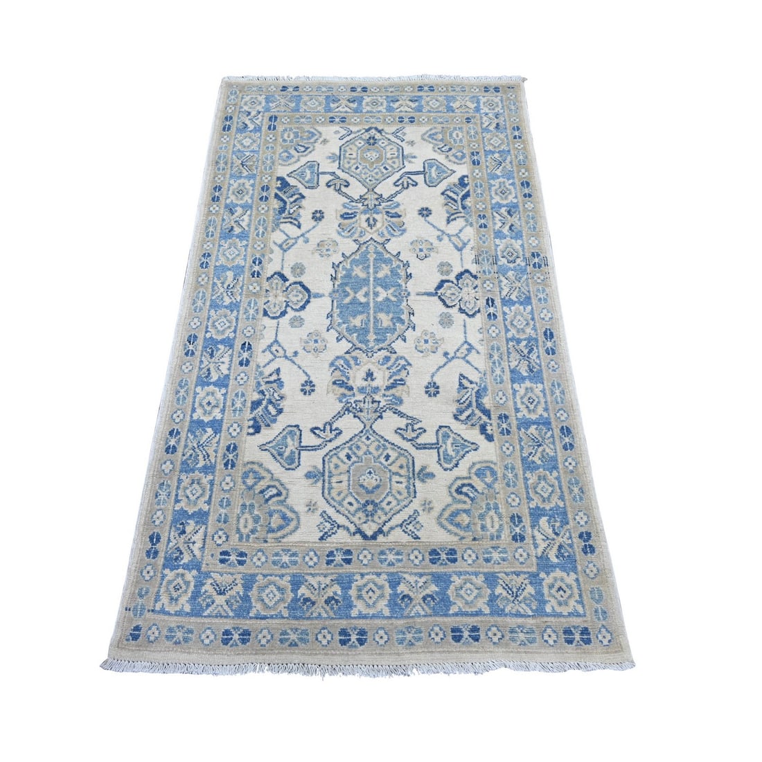 3'x5'3" Ivory Vintage Look Kazak All Over Design Wool Hand Knotted Rug: 3'x5'3" Ivory Vintage Look Kazak All Over Design Wool Hand Knotted Rug This stunning 3'x5'3" ivory vintage look Kazak all-over design wool hand-knotted rug boasts an intricate, rectangular field with