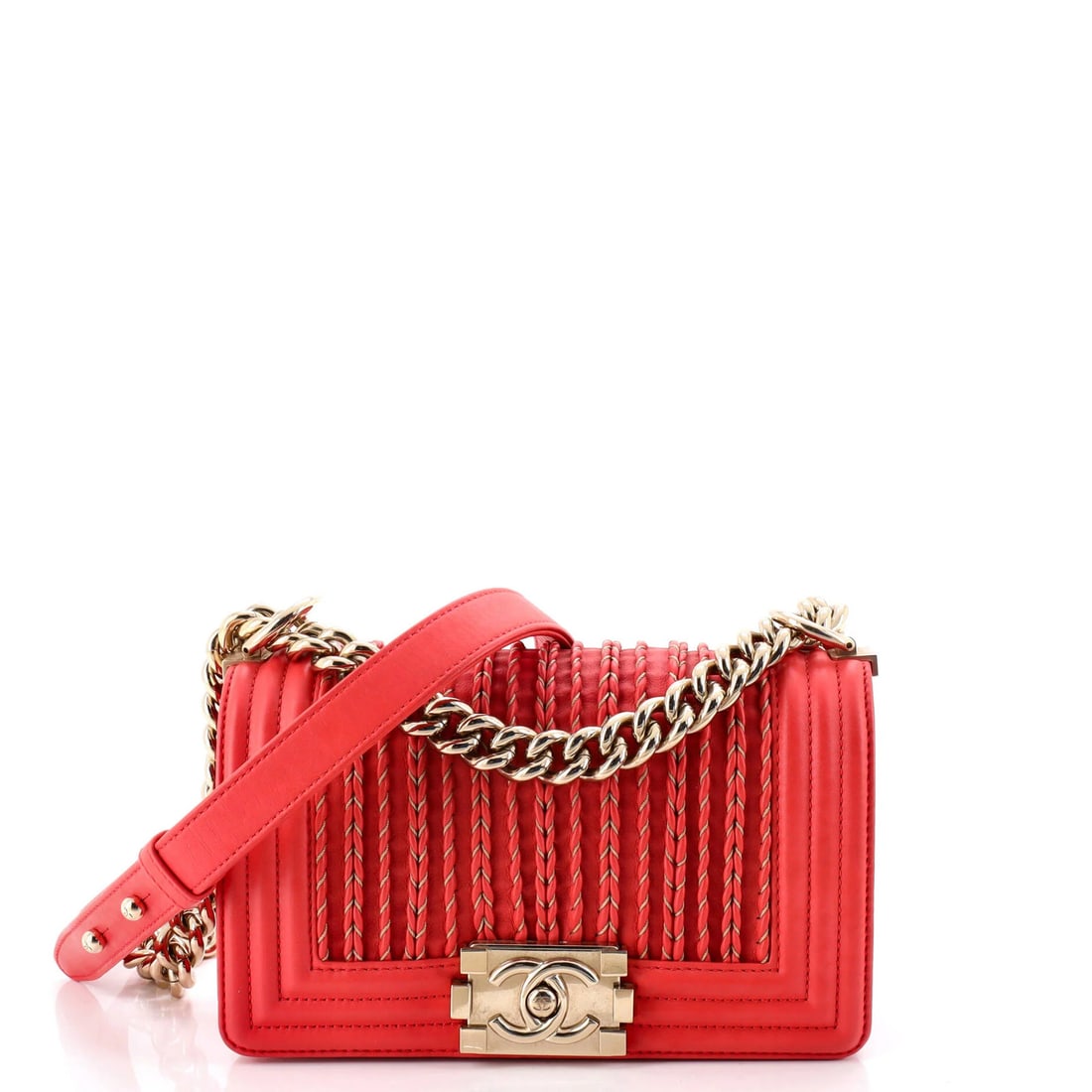 Woven Lambskin Small Boy Braided Chanel Flap Bag: Woven Lambskin Small Boy Braided Chanel Flap Bag Small Boy Braided Woven Lambskin Chanel Flap Bag in Red features a unique braided woven lambskin exterior with leather details, adding an edgy touch to