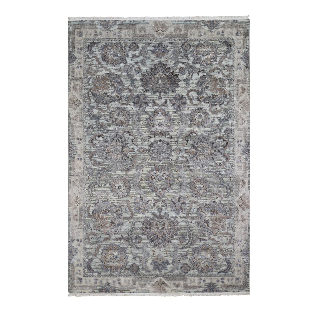 6'x9'1" Silk With Textured Wool Mughal Design Hand Knotted Rug: 6'x9'1" Silk With Textured Wool Mughal Design Hand Knotted Rug Hand-knotted with intricate textured wool and silk, this stunning Mughal design rug boasts a rich green field surrounded by ornate border