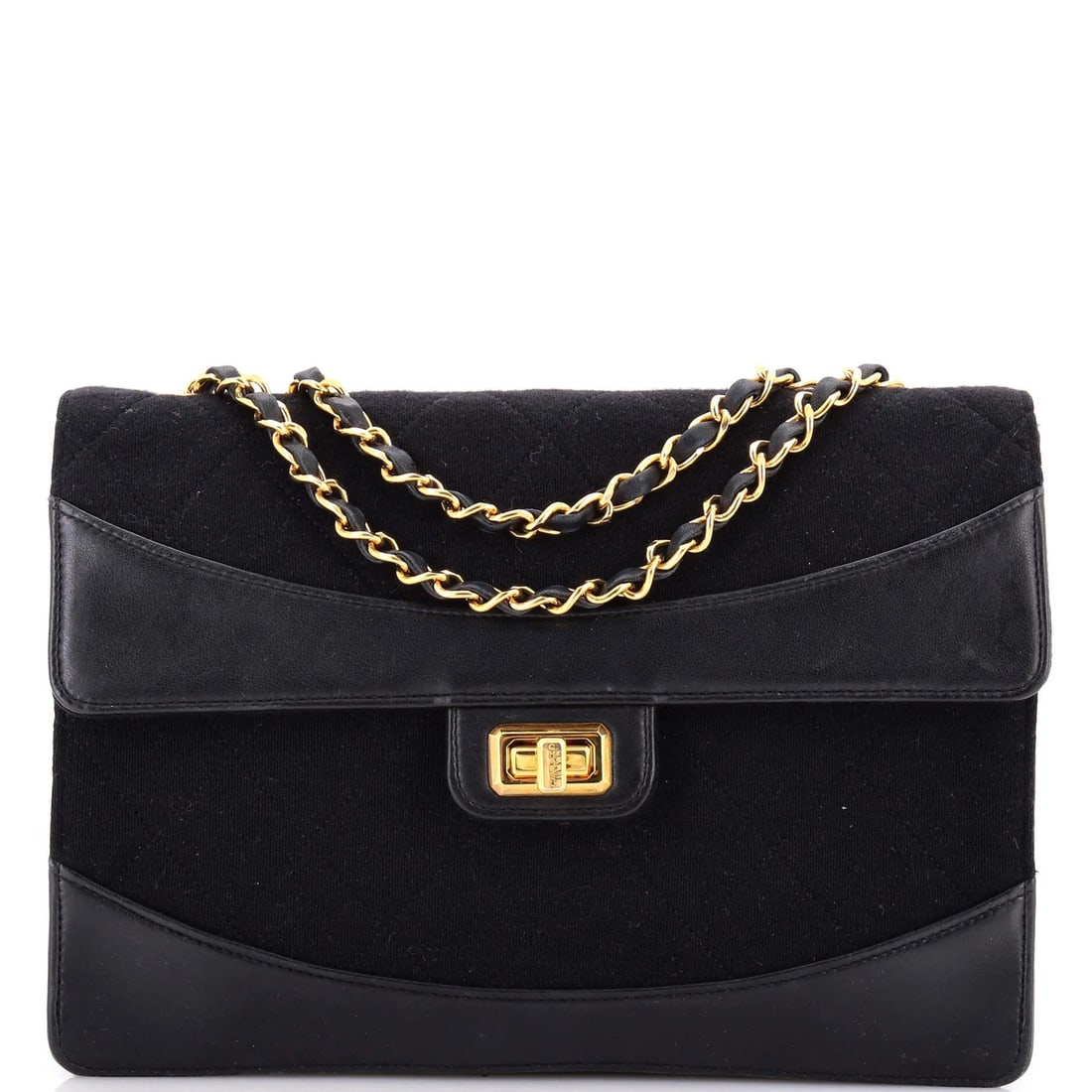 Vintage Mademoiselle Lock Flap Bag Quilted Medium Chanel Leather Jersey: Vintage Mademoiselle Lock Flap Bag Quilted Medium Chanel Leather Jersey Vintage Mademoiselle Lock Flap Bag Quilted Jersey and Leather Medium in black exterior, featuring quilted design and gold hardwa