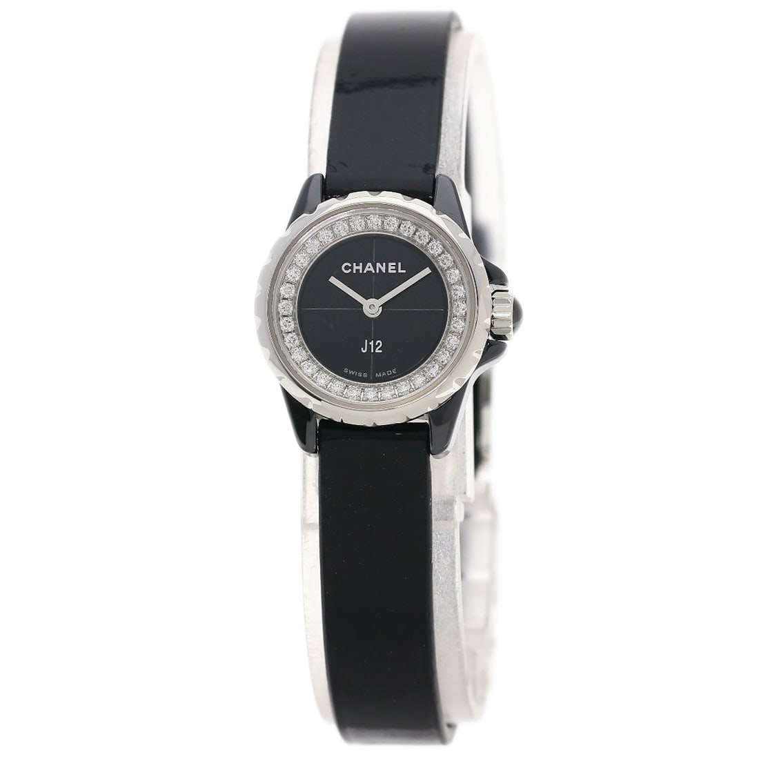 Diamond watches H4663 ceramic enamel Chanel J12 xs: Diamond watches H4663 ceramic enamel Chanel J12 xs Silver ceramic enamel Chanel J12 watches with an analog display and quartz movement, featuring a sleek 20mm case size and 7.7mm thickness. The watch 