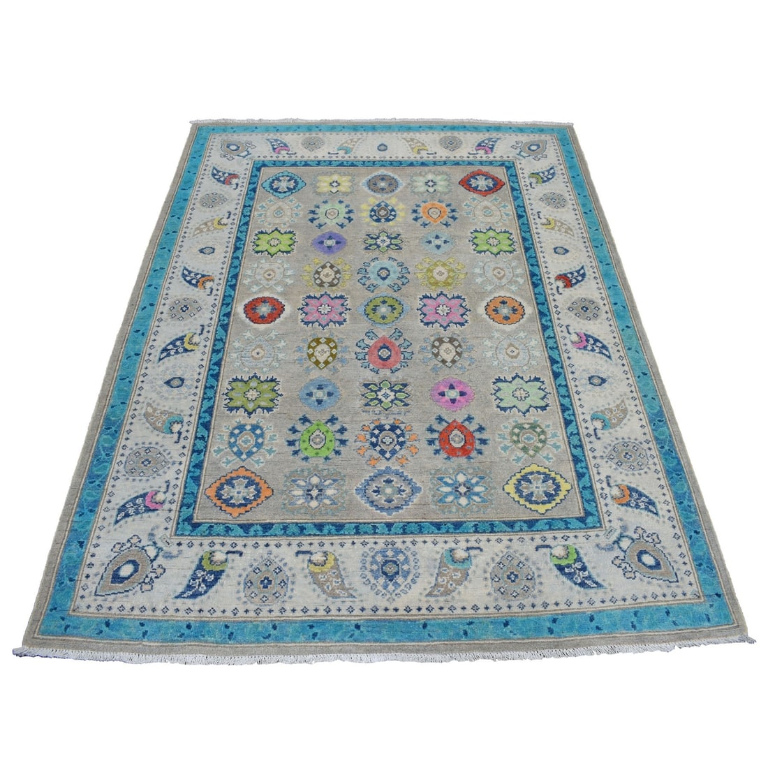 5'x6'4" Colorful Gray Fusion Kazak Pure Wool Hand Knotted Oriental Rug: 5'x6'4" Colorful Gray Fusion Kazak Pure Wool Hand Knotted Oriental Rug 5'x6'4" Colorful Gray Fusion Kazak Pure Wool Hand Knotted Oriental Rug boasts an intricate design with a mix of grey, pink, green