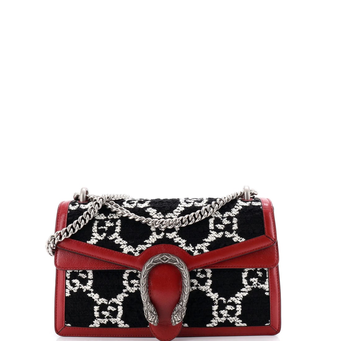 GG Small Tweed Dionysus Bag Gucci: GG Small Tweed Dionysus Bag Gucci Small GG Tweed Dionysus Bag in Red and Black, featuring tweed exterior with aged silver hardware. This compact shoulder bag measures 6" tall, 10.5" wide, and 2.5" dee