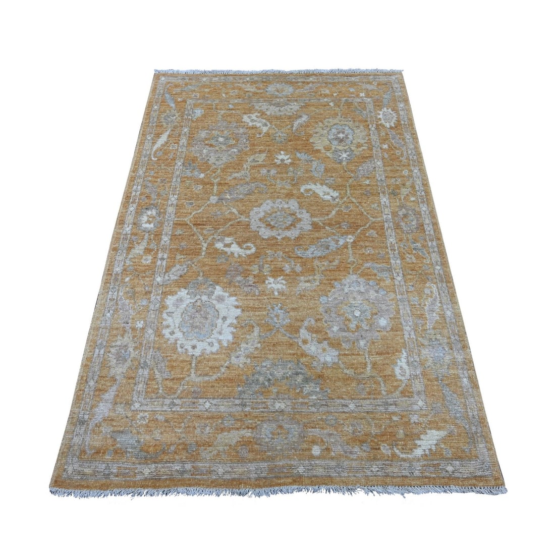 3'10"x5'9" Brown Hand Knotted Pure Wool Afghan Angora Oushak Oriental Rug: 3'10"x5'9" Brown Hand Knotted Pure Wool Afghan Angora Oushak Oriental Rug The Oushak type Afghan rug boasts a stunning floral pattern in rich brown hues, set against a rectangular field. Hand-knotted 