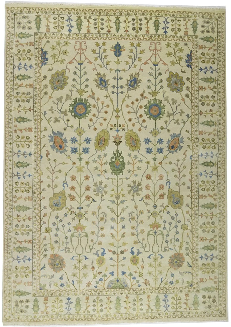 10X14 Ft Hand-Knotted Ivory Oushak Chobi Rug Muted Colors Wool Oriental Carpet Hand-Knotted: 10X14 Ft Hand-Knotted Ivory Oushak Chobi Rug Muted Colors Wool Oriental Carpet Hand-Knotted Hand-knotted in wool, this 10x14 ft Ivory Oushak Chobi rug boasts a stunning floral tree of life design in m