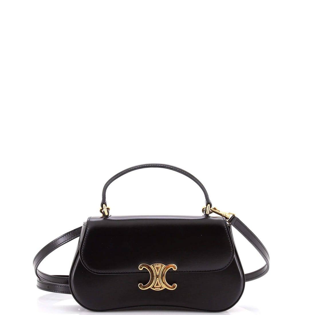 Celine leather bag teen top handle triomphe: Celine leather bag teen top handle triomphe Black leather Celine Lola Triomphe top handle bag with gold hardware, featuring minor scuffs and creases on the exterior and interior. The bag measures 5" h