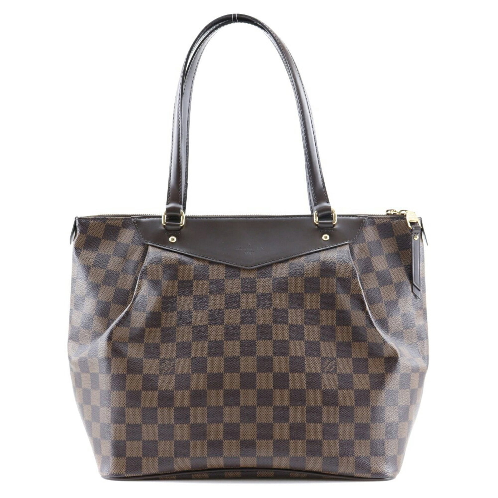 Vuitton Canvas Damier Bag Tote Louis: Vuitton Canvas Damier Bag Tote Louis Damier canvas bag in brown, featuring an open pocket and open closure. Made from high-quality materials, this tote measures 27cm x 30cm x 16cm and weighs 664g. A c