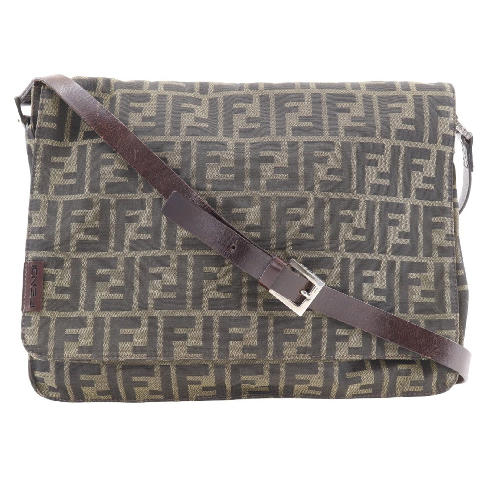 Nylon canvas shoulder bag by Fendi: Nylon canvas shoulder bag by Fendi Nylon canvas shoulder bag by Fendi, crafted from high-quality nylon canvas in a rich brown color. Measuring 27cm x 33cm x 5cm, this stylish accessory features a