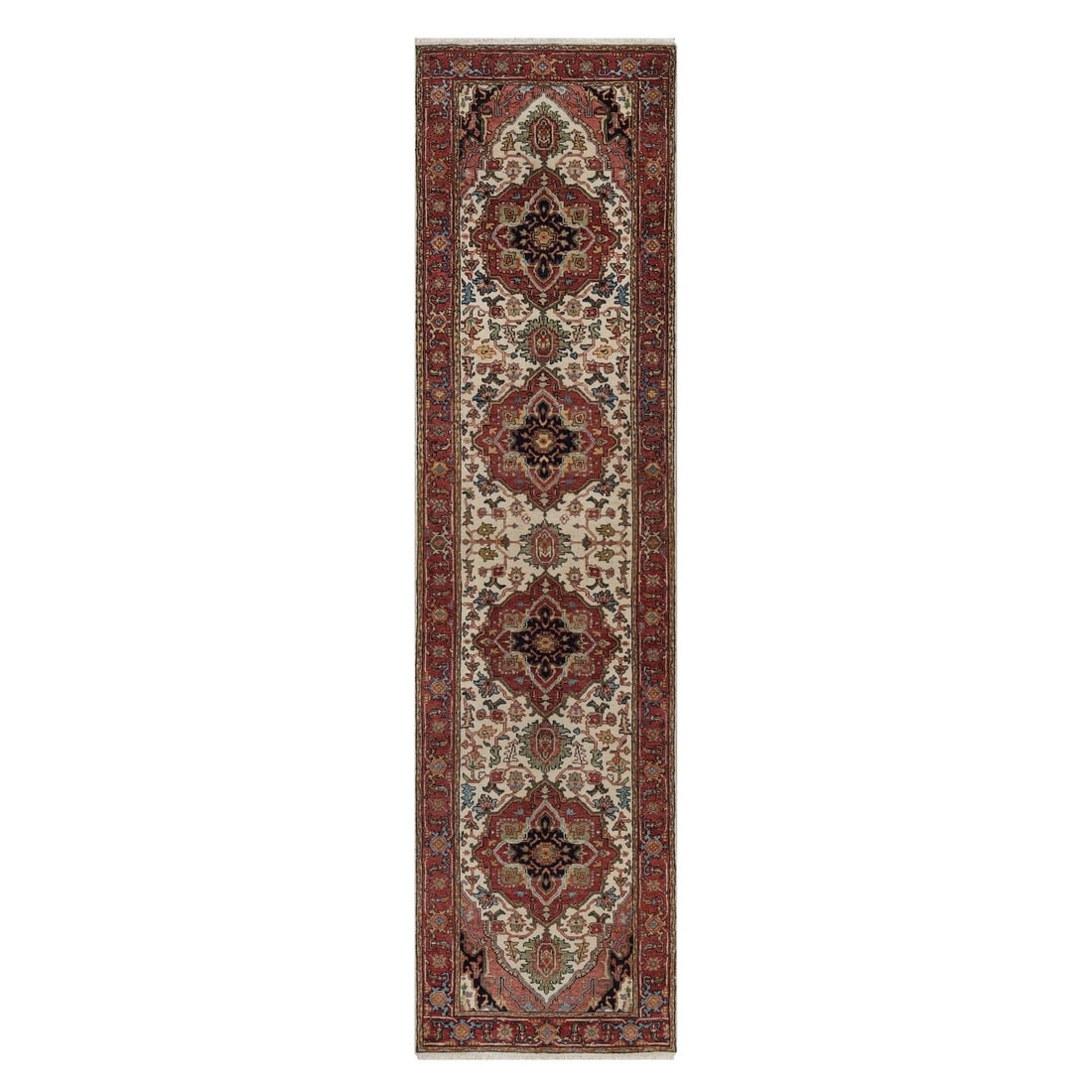 2'7"x10'1" Ivory Hand Knotted Wool Rug Antiqued Fine Heris Re-Creation: 2'7"x10'1" Ivory Hand Knotted Wool Rug Antiqued Fine Heris Re-Creation Hand-knotted wool rug with intricate medallion pattern, measuring 2'7" x 10'1". This fine Heris-style runner features a rich ivor