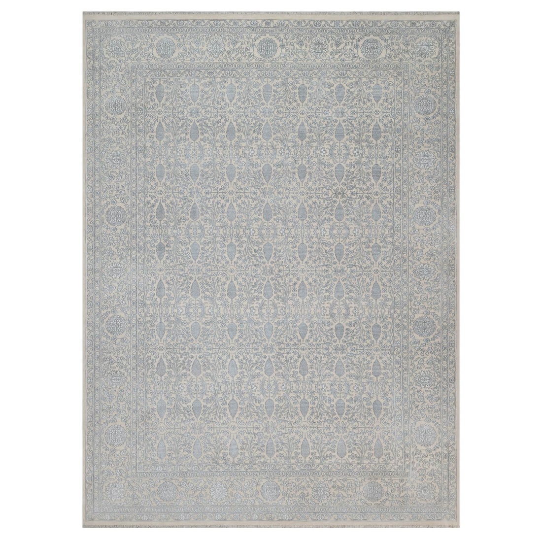 9'x12'1" White Zoroastrian Design Wool and Silk 200 KPSI Hand Knotted Rug: 9'x12'1" White Zoroastrian Design Wool and Silk 200 KPSI Hand Knotted Rug The 9'x12'1" White Zoroastrian Design Wool and Silk Hand Knotted Rug boasts an exquisite ivory color with intricate patterns, 