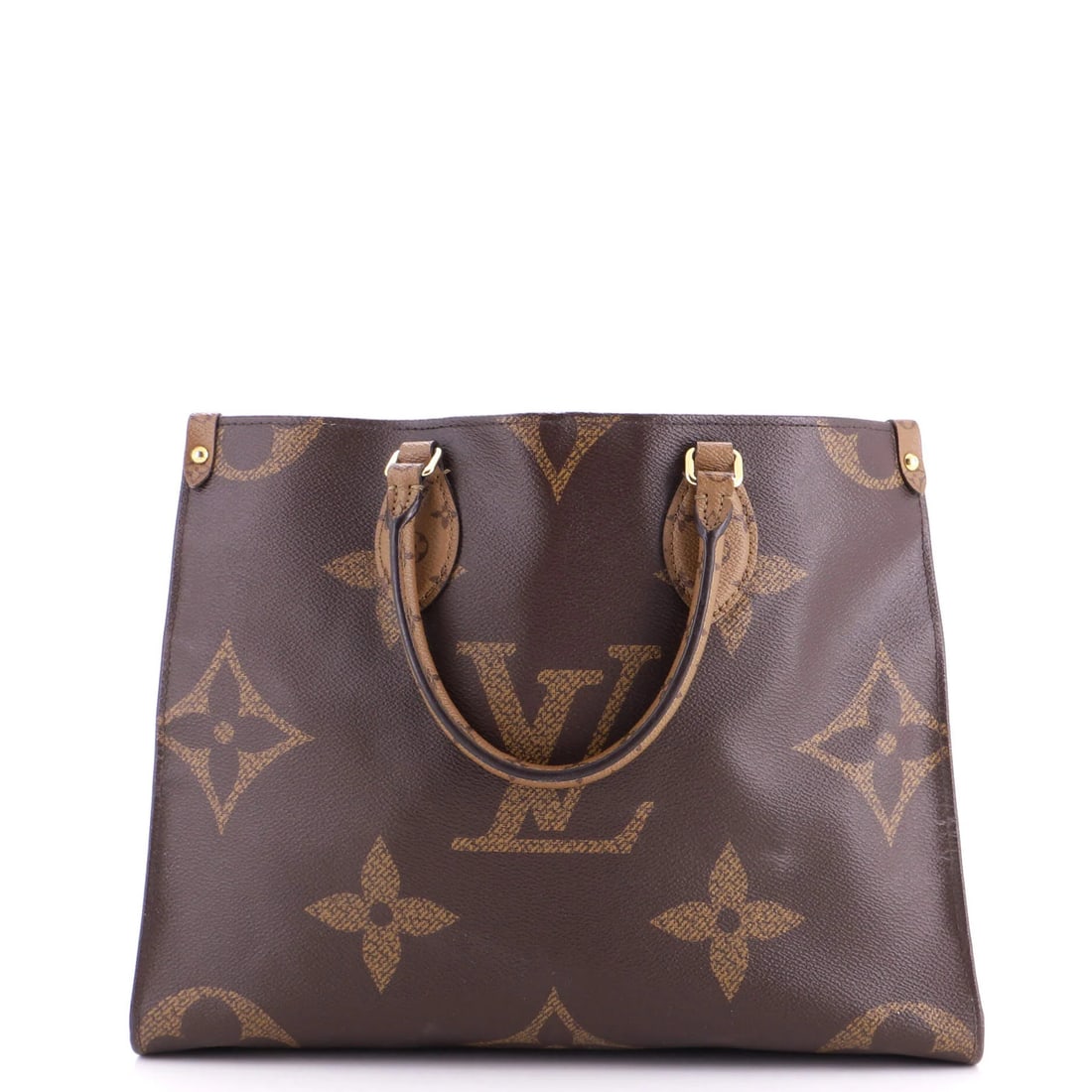 Louis Vuitton OnTheGo Tote Reverse Monogram Giant Tote: Louis Vuitton OnTheGo Tote Reverse Monogram Giant Tote Brown Louis Vuitton OnTheGo Tote Reverse Monogram Giant MM features a canvas coated exterior with minor fraying on the base, heavy corner wear, e