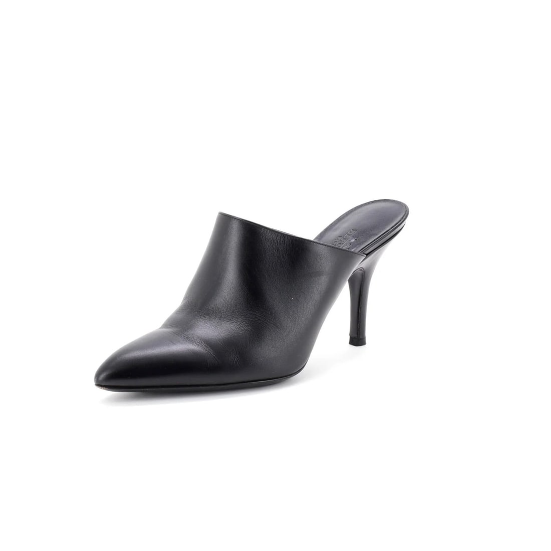 Hermes Women's Nib Leather May Mules 90: Hermes Women's Nib Leather May Mules 90 Black leather May Mules with a classic design, featuring a sleek and sophisticated silhouette. The shoes have minor scuffs and wear throughout, along with some 
